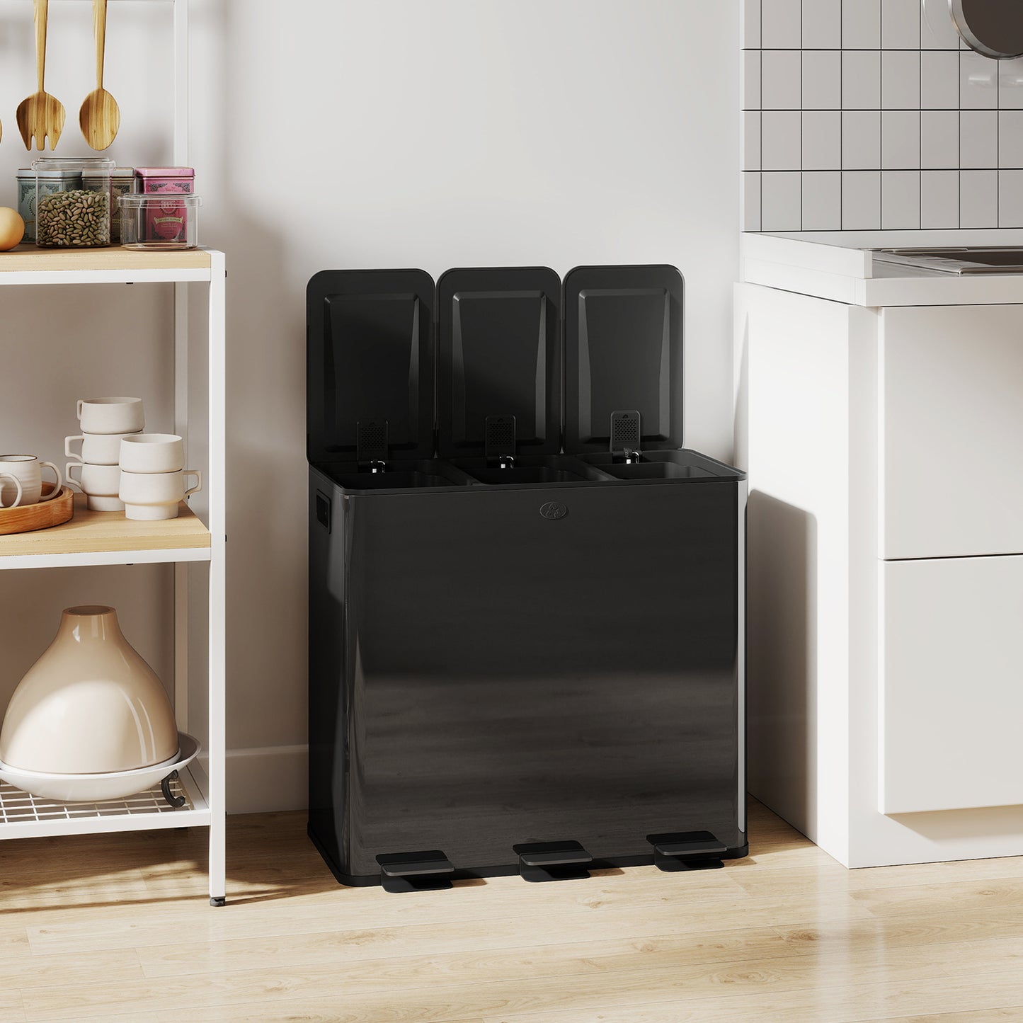 HOMCOM Three 20L Pedal Bin Stainless Steel Triple Kitchen Bin With Soft Close Lid Removable Inner Buckets Black