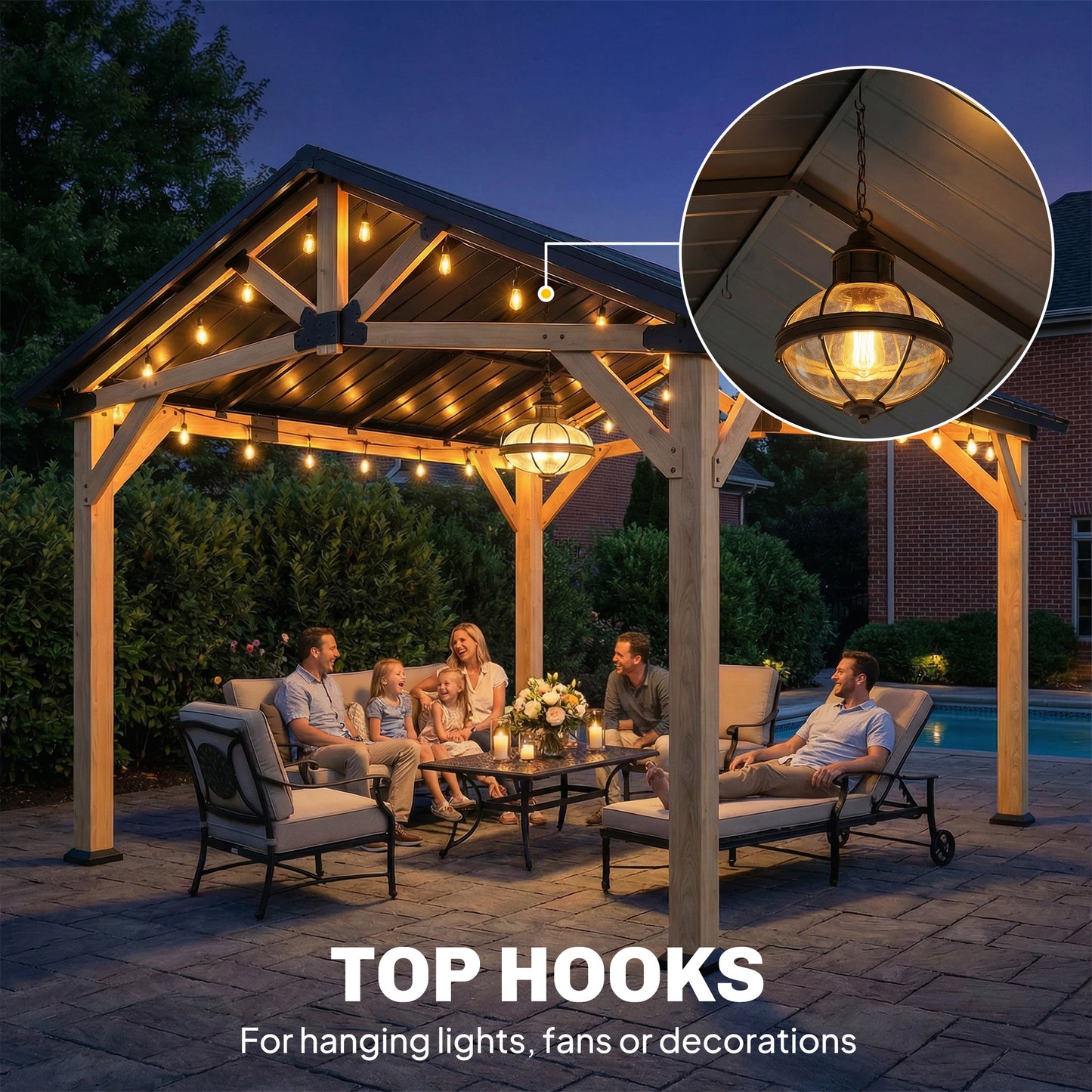 Outsunny 3.5x4m Hardtop Gazebo with Galvanised Metal Roof Fir Wood Frame Hook for Patio and Garden Black Gray