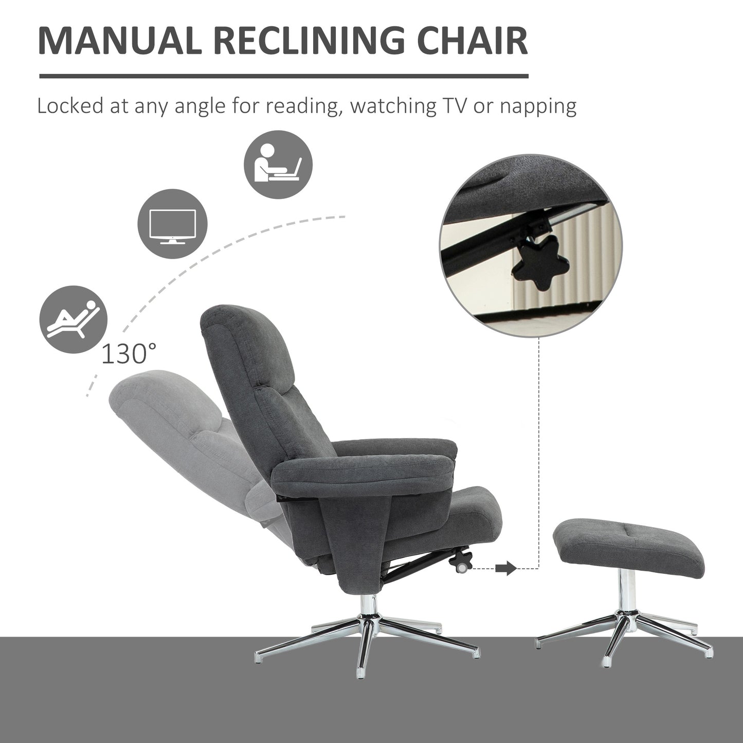 HOMCOM Velvet Feel Recliner Chair And Ottoman Set In Dark Gray With Wooden Frame And 130 Degree Adjustable Back
