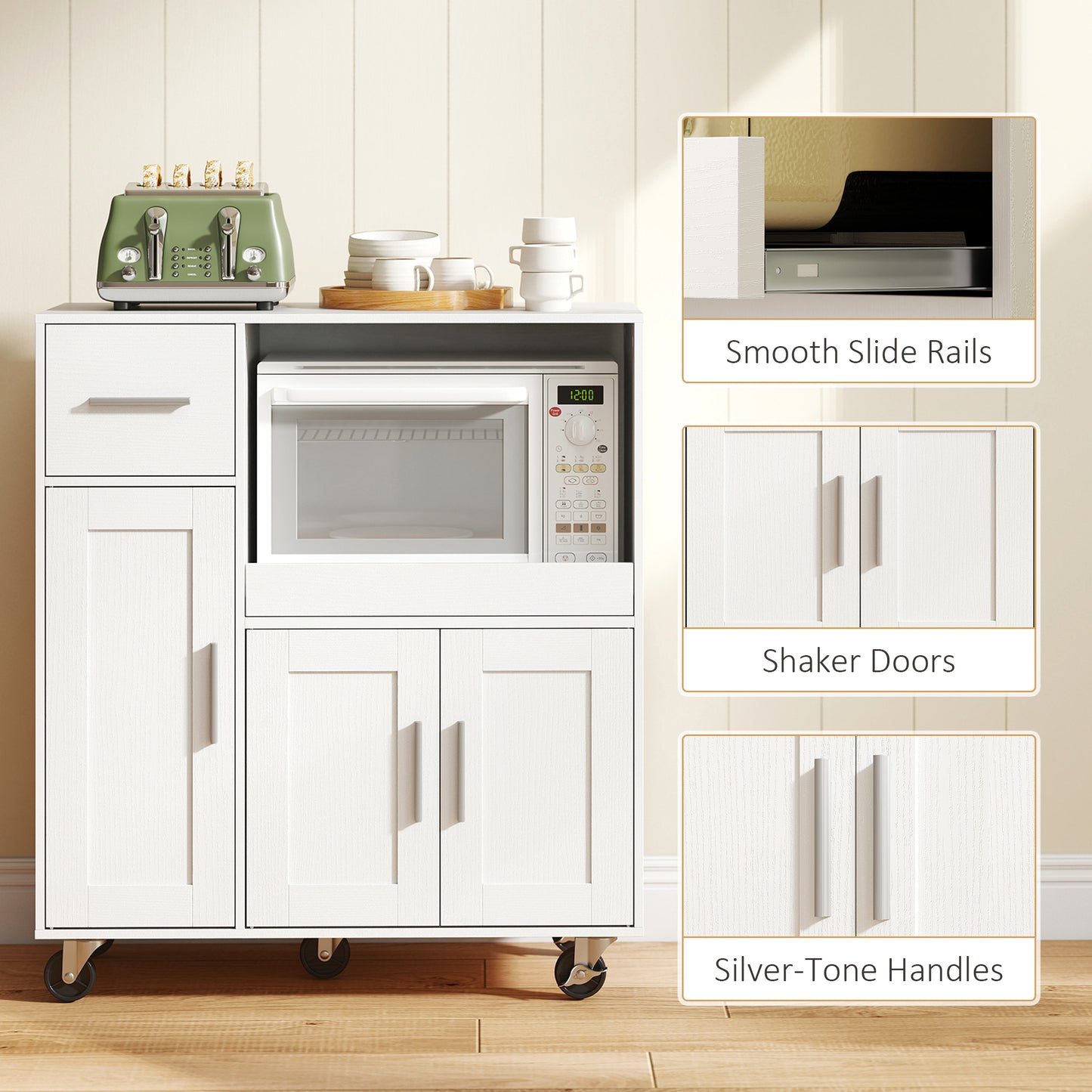 HOMCOM Rolling Kitchen Cart Microwave Cabinet With Sliding Tray Drawer And Three Door Cupboards White