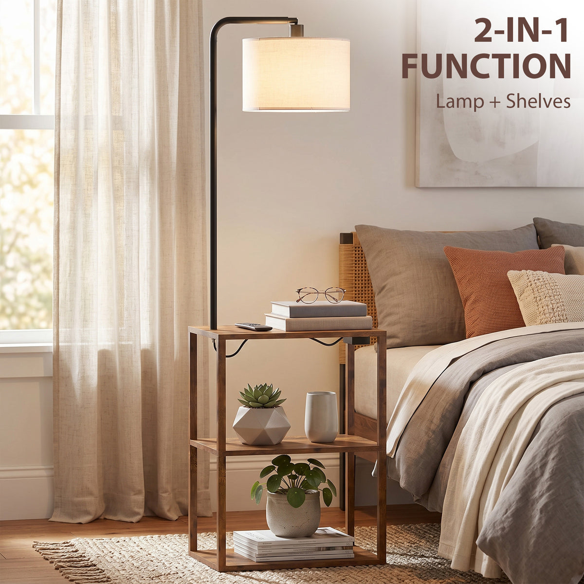 Brown floor lamp with 3-tier shelves and fabric shade on black metal stand