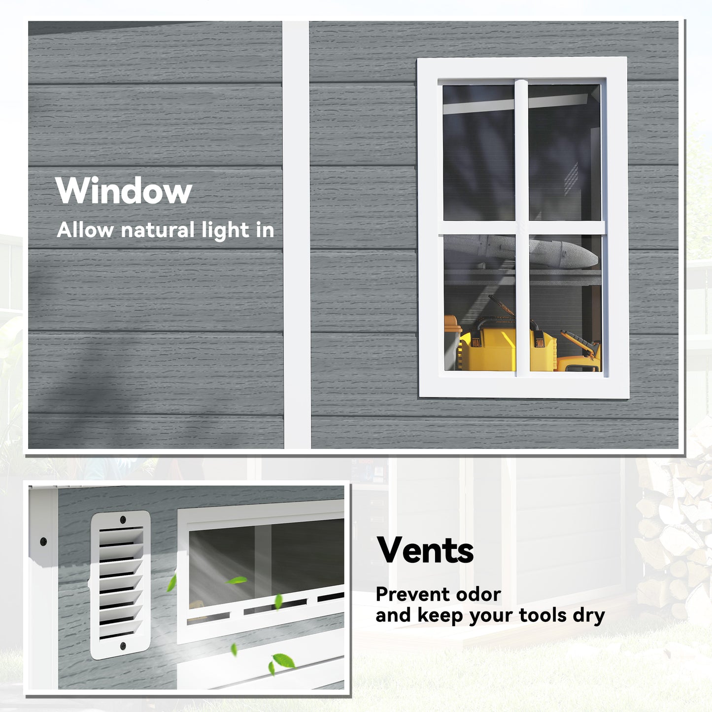 Outsunny 6x6 Ft Plastic Garden Shed With Floor Two Windows Vents Lockable Double Doors Grey Wood Effect