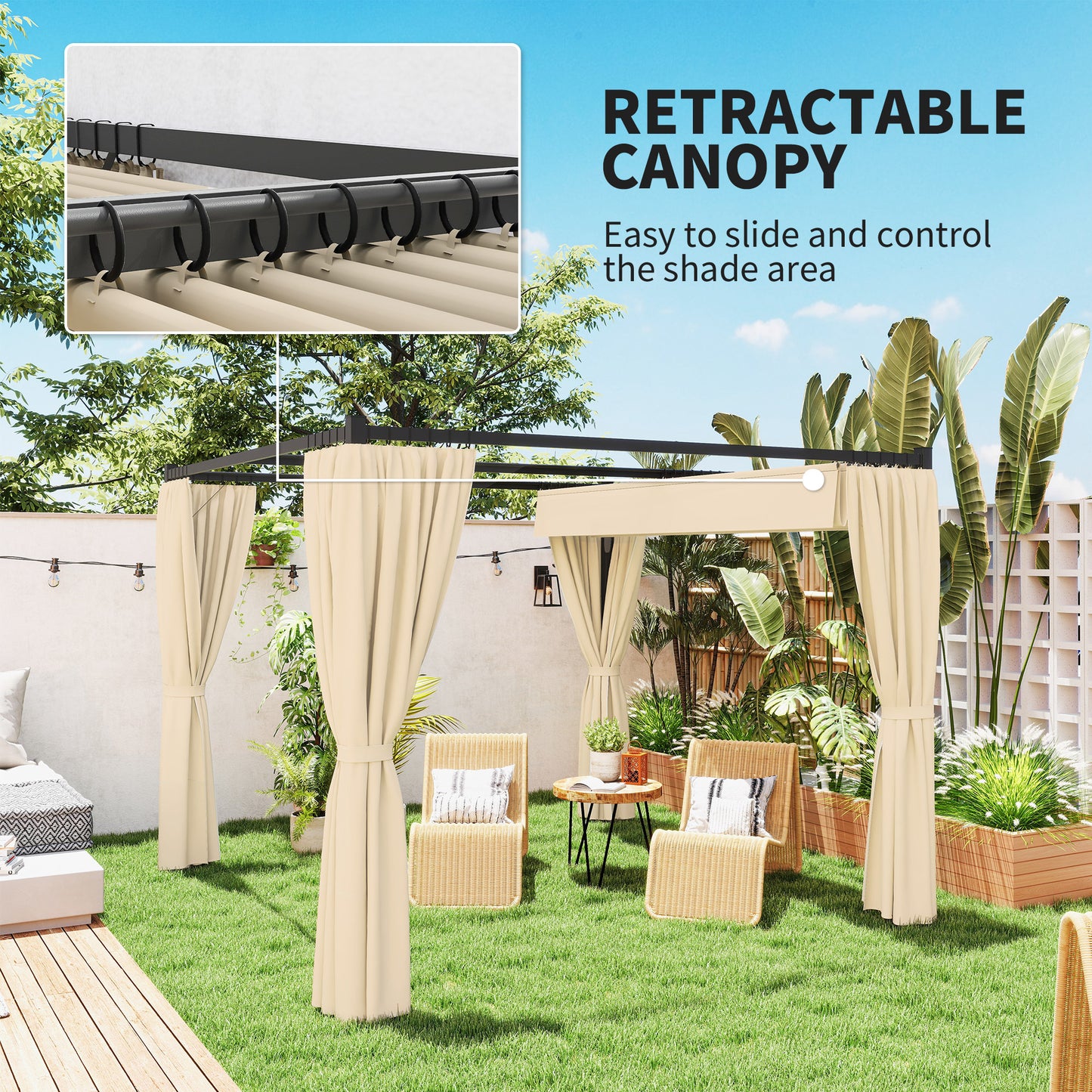 Outsunny 3x3m Retractable Roof Pergola With Curtains Khaki Patio Shade Canopy Outdoor