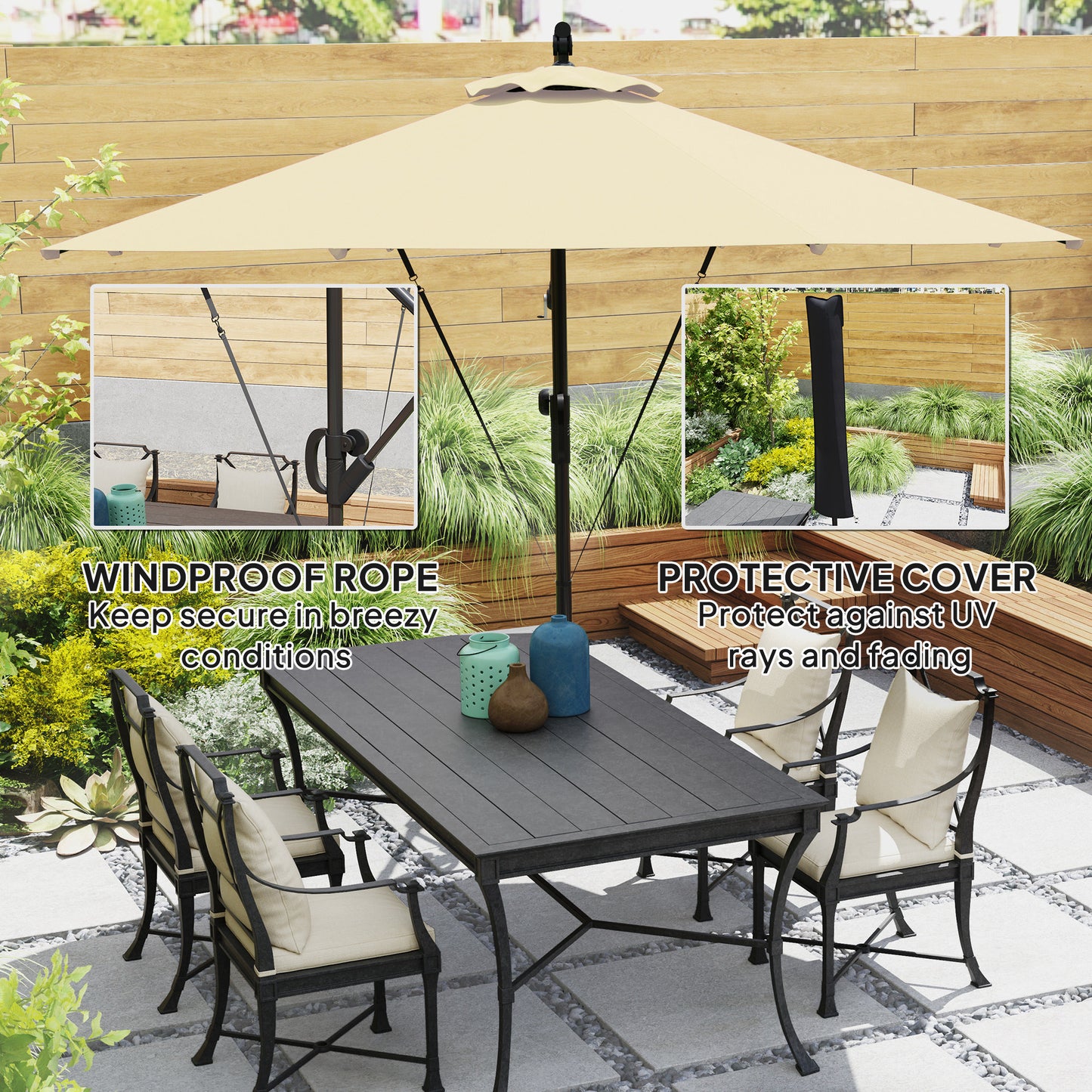 Outsunny 3m Cantilever Garden Parasol With Cover And Wind Protection Strap Overhanging Umbrella Crank Tilt UPF50 Khaki