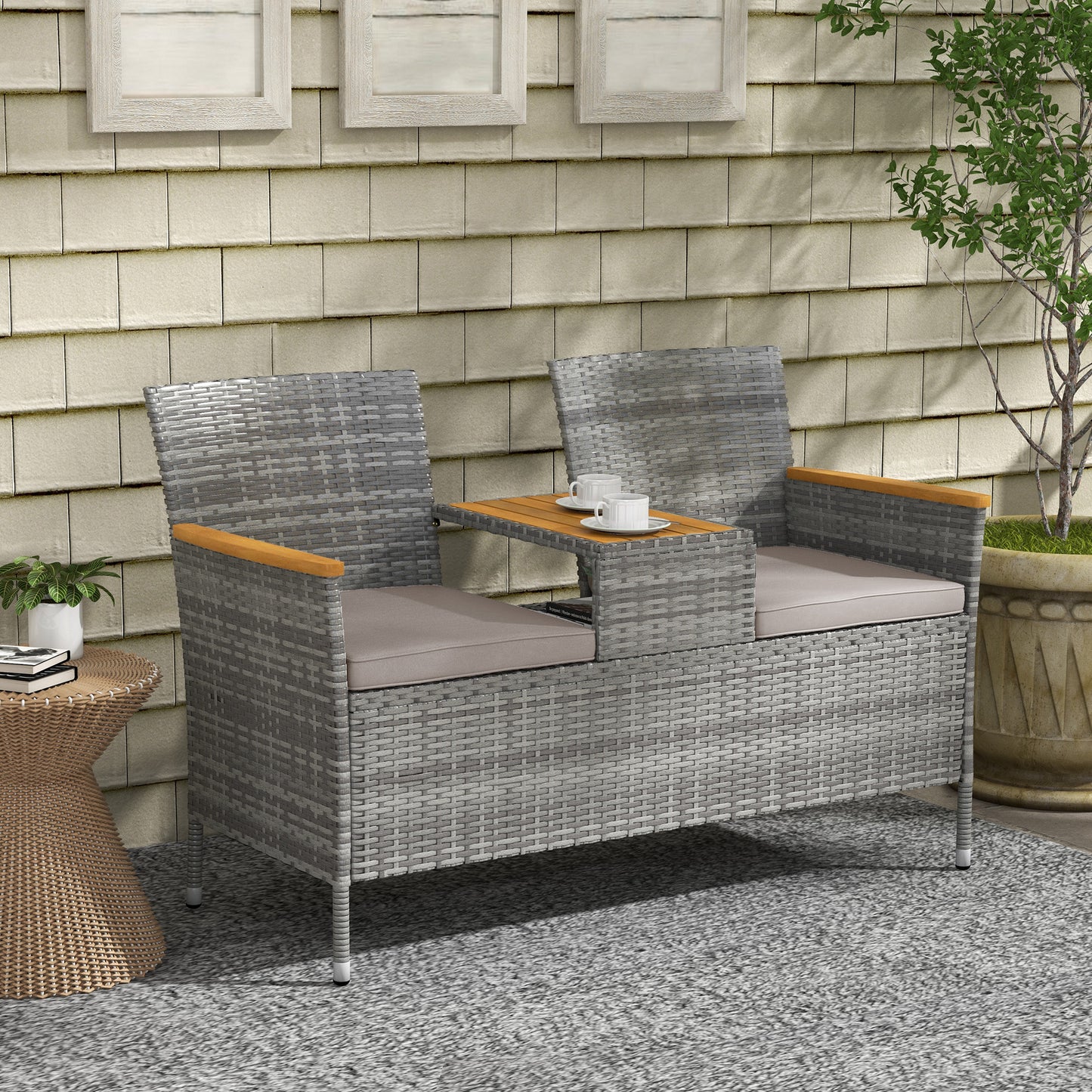 Outsunny Grey Rattan Loveseat with Acacia Wood Middle Table for Two - ALL4U RETAILER LTD