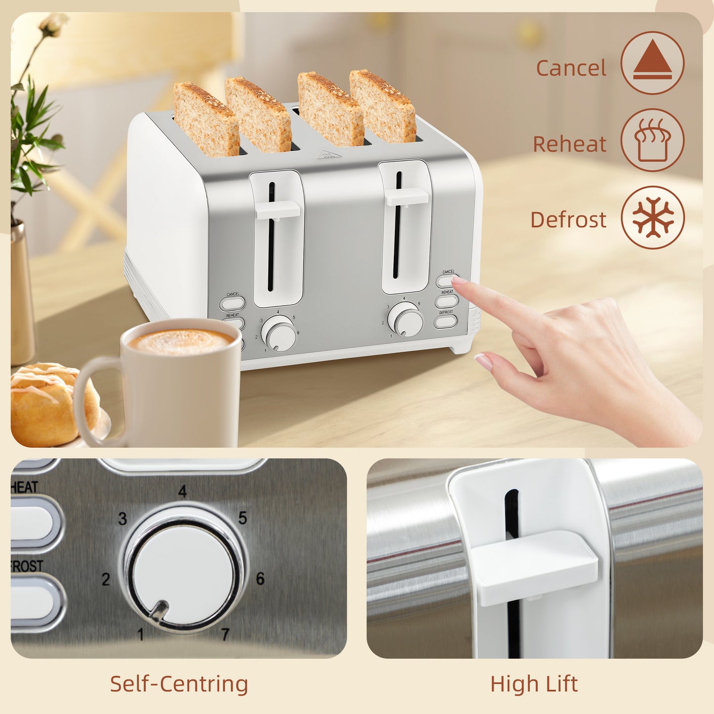 HOMCOM Stainless Steel Panel Kettle And Toaster Set White 1.7L Kettle With UK Strix Thermostat Auto Shut Off
