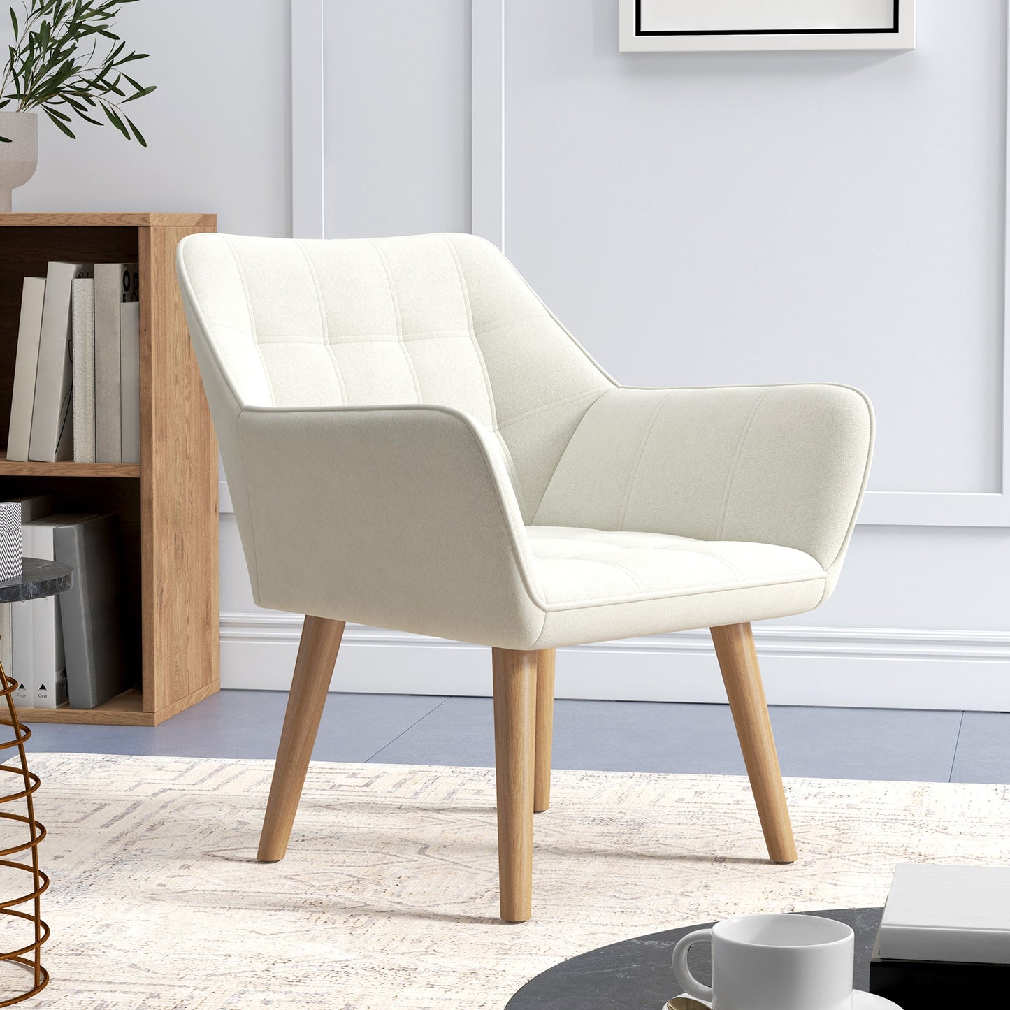 HOMCOM Accent Chair With Wide Arms And Slanted Back Thick Padding Rubber Wood Legs Cream White Living Room