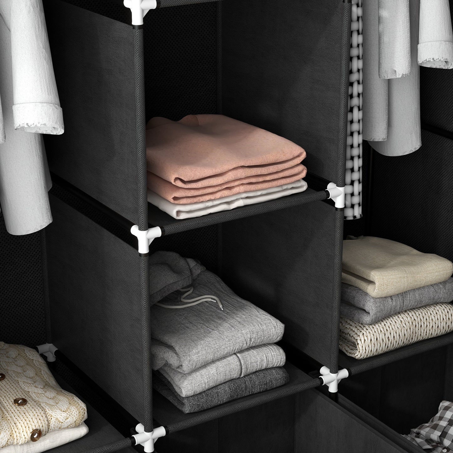 HOMCOM Foldable Fabric Wardrobe for Bedroom Portable with 5 Shelves 2 Hanging Rails and 3 Fabric Drawers Black