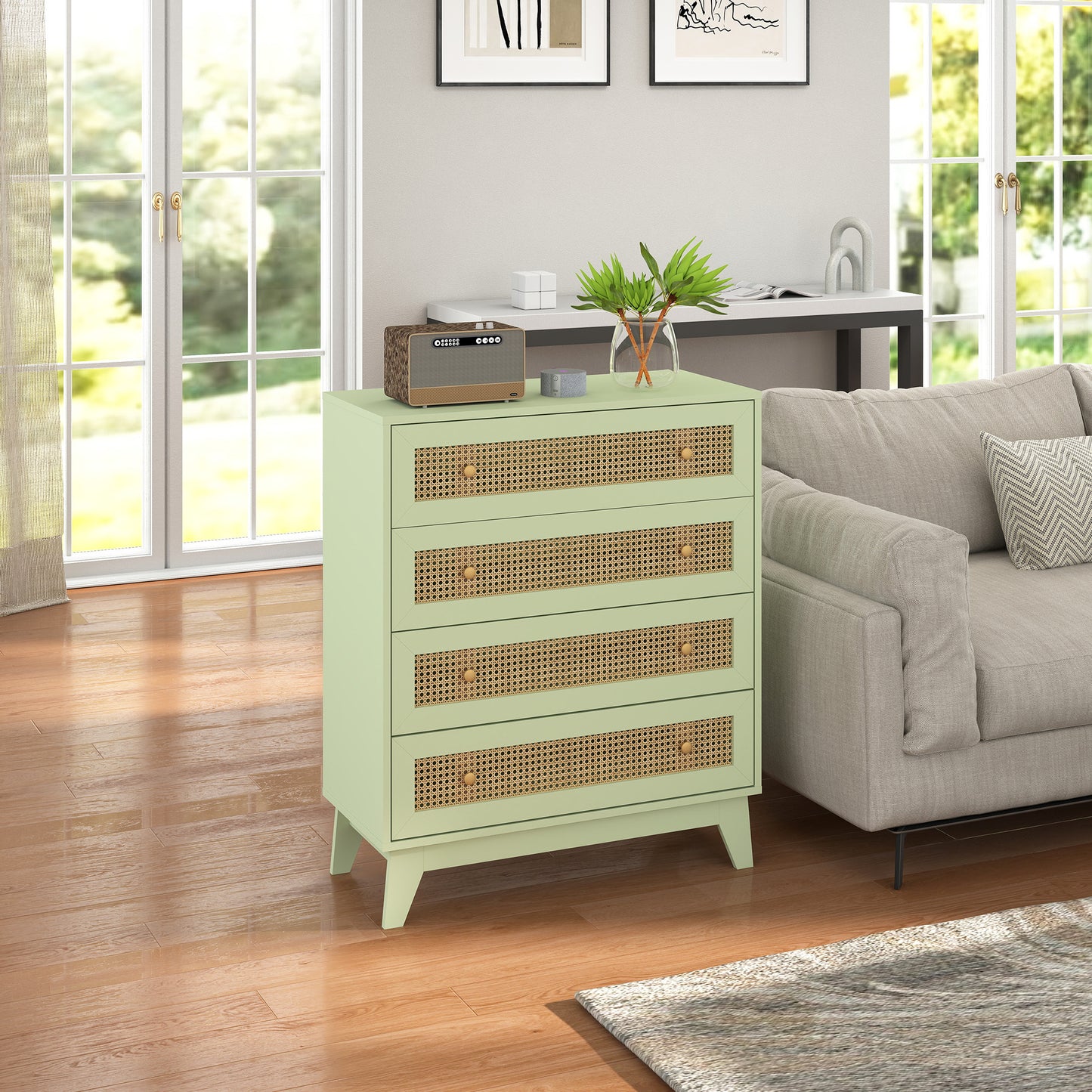 HOMCOM Chest Of Drawers 4 Drawer Storage Organiser With Rattan Weave Panel For Bedroom And Living Room In Light Green