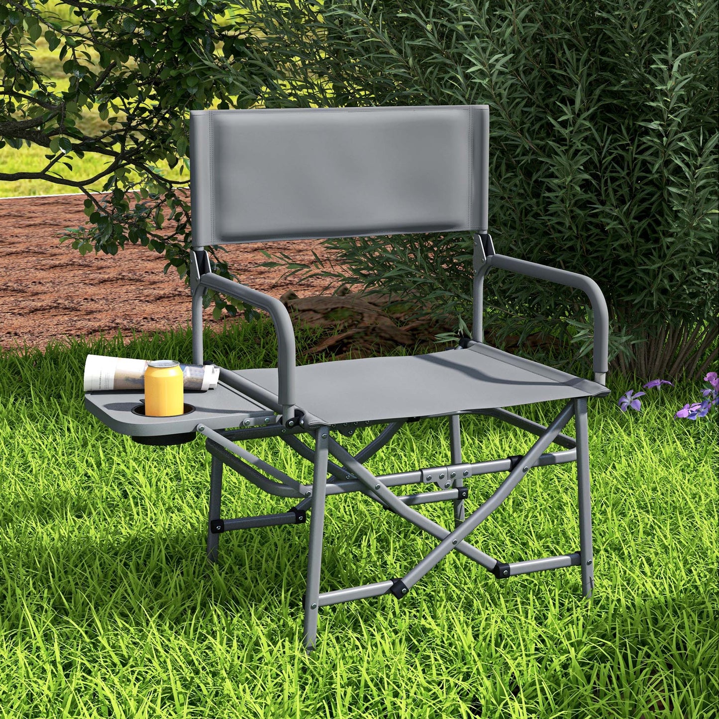 Outsunny Compact Grey Folding Camping Chair with Side Table and Cupholder - ALL4U RETAILER LTD