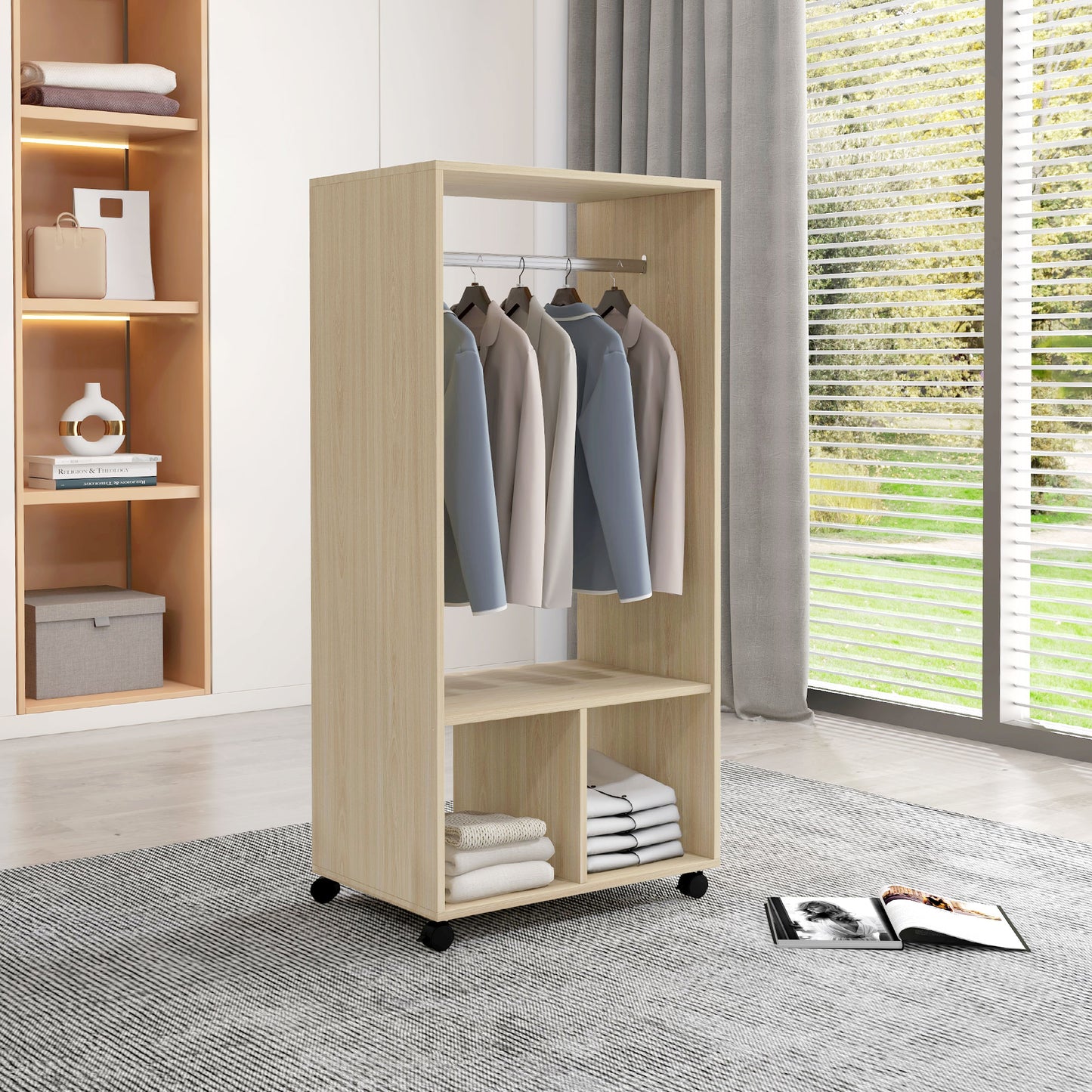 HOMCOM Open Wardrobe On Wheels With Hanging Rail And Two Storage Shelves In Natural Finish For Cloakroom Hallway