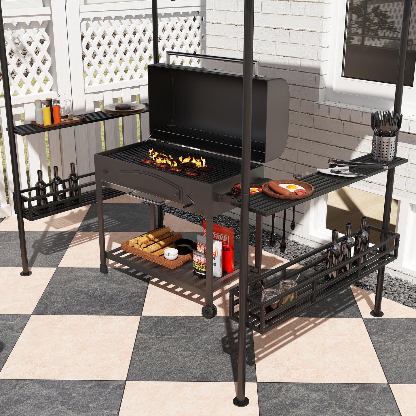 Outsunny 8x5 Outdoor Grill Gazebo Canopy With Double Tier Two Side Shelves Storage Baskets Beige