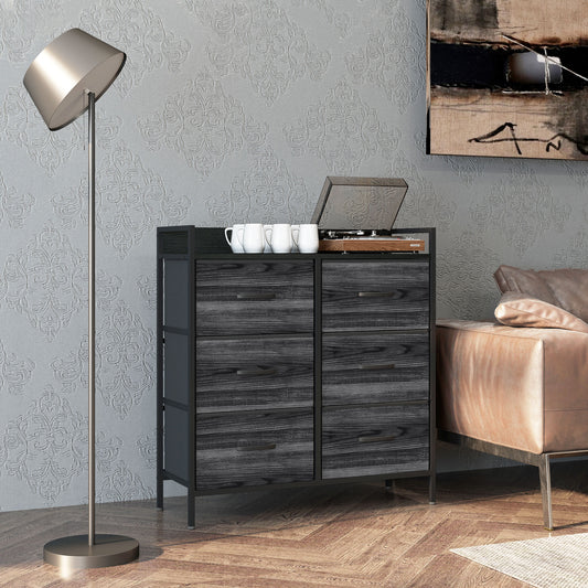HOMCOM Rustic Chest Of Six Fabric Drawers Black For Clothes Storage And Organising
