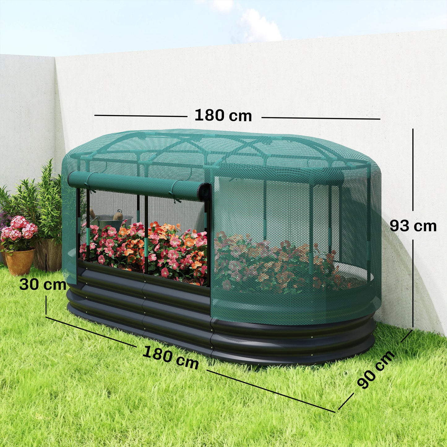 Outsunny Galvanised Raised Garden Bed Kit With Self Watering System Mesh Cover HDPE Cage 6x3Ft Dark Grey Green