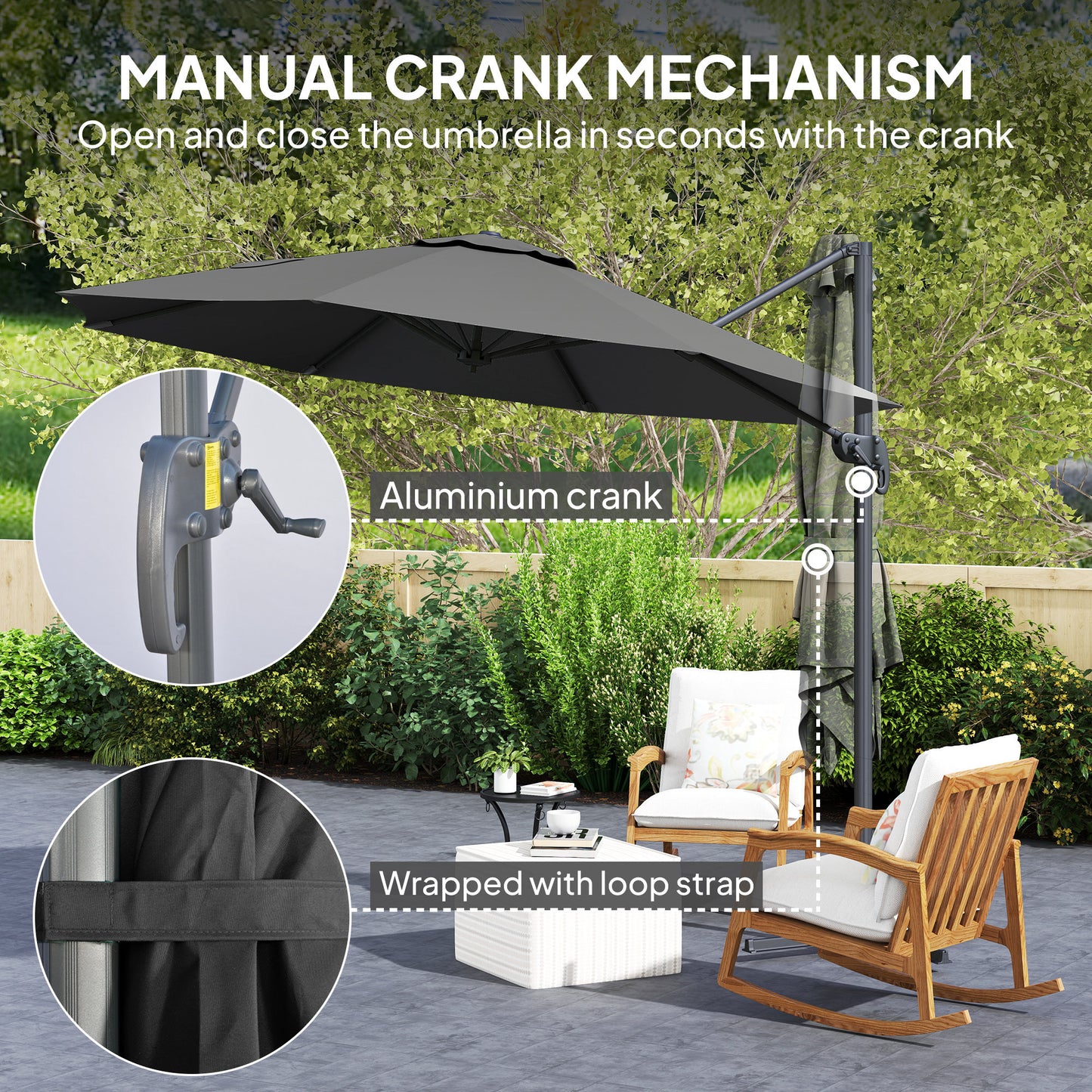 Outsunny 3x3m Overhanging Cantilever Parasol Black With Aluminium Frame 360 Degree Sideways Tilt And Multi Angle Canopy