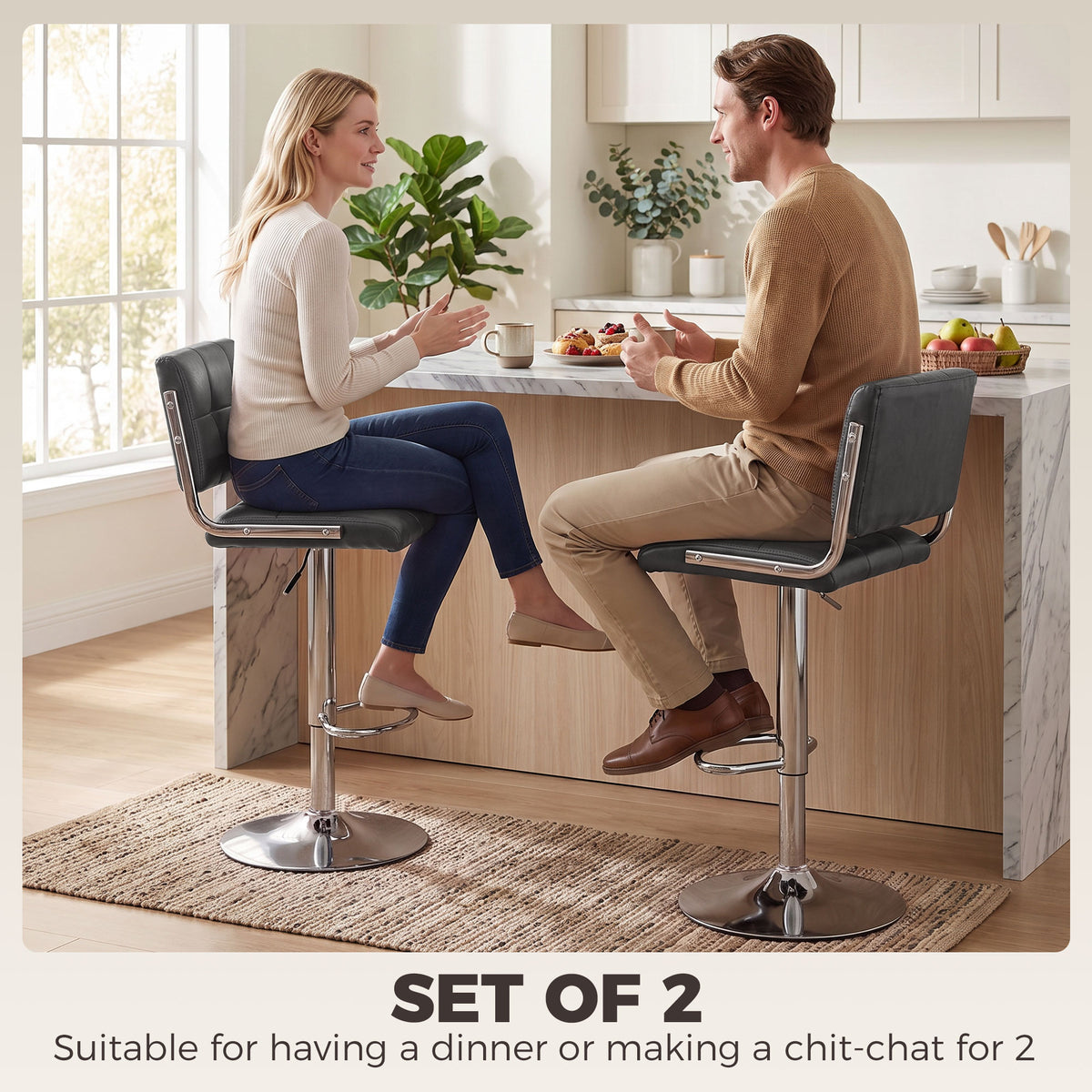 Two grey bar stools with backrests and PU cushioned seats, chrome bases for counter seating