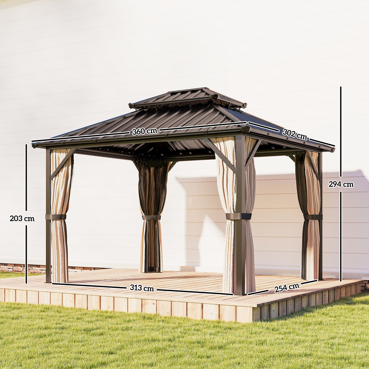 Outsunny 3x3.6 m Permanent Hardtop Gazebo With UPF50 Plus Double Galvanised Steel Roof Aluminium Frame Brown