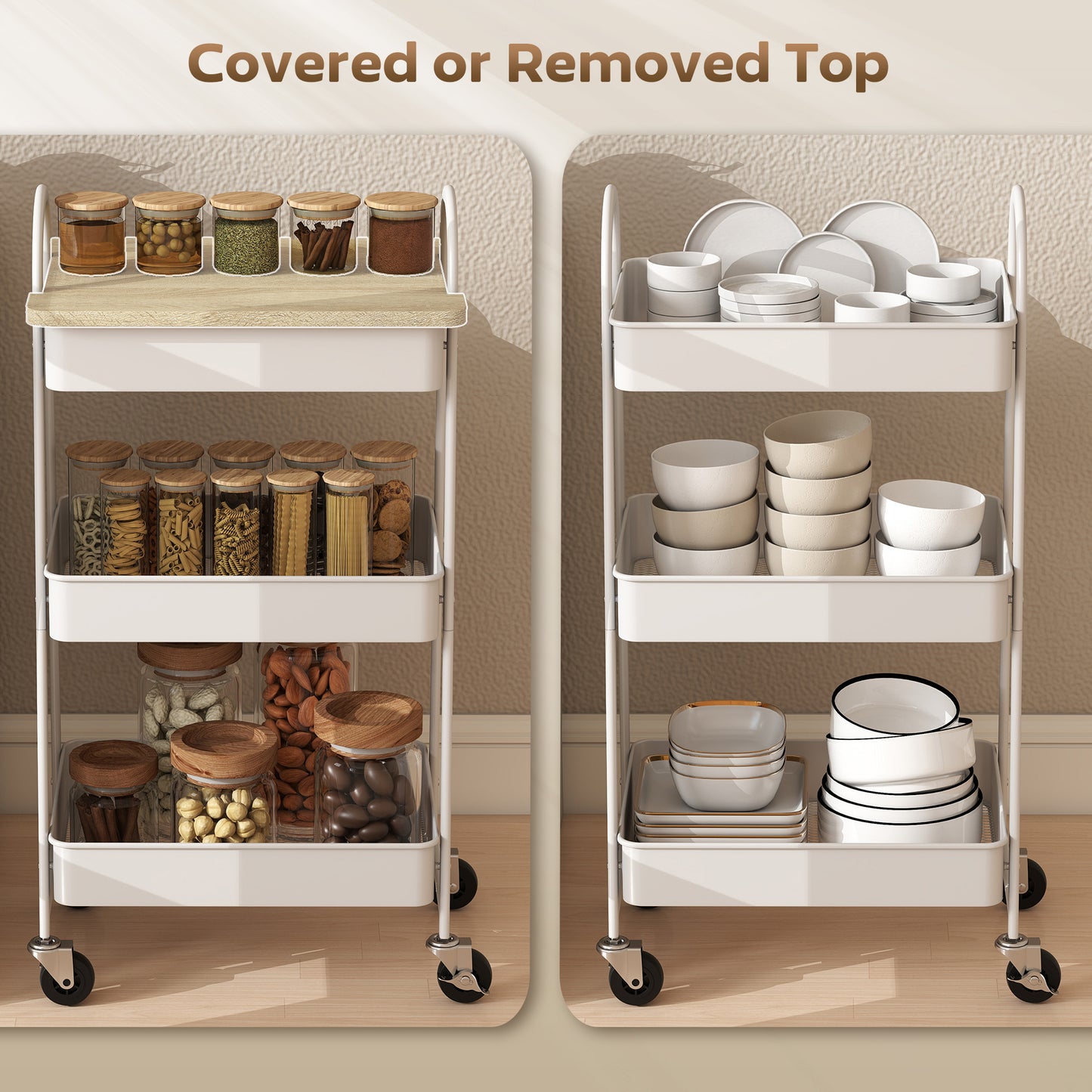 HOMCOM 3-Tier Kitchen Storage Trolley On Wheels With Cover Top Board White And Oak