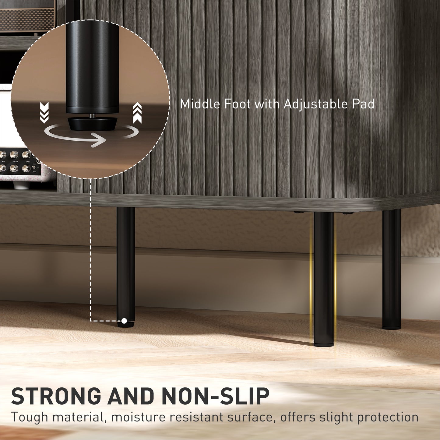 HOMCOM TV Stand Cabinet For 55 Inch TVs With Open Shelves And Two Tambour Door Cupboards Grey