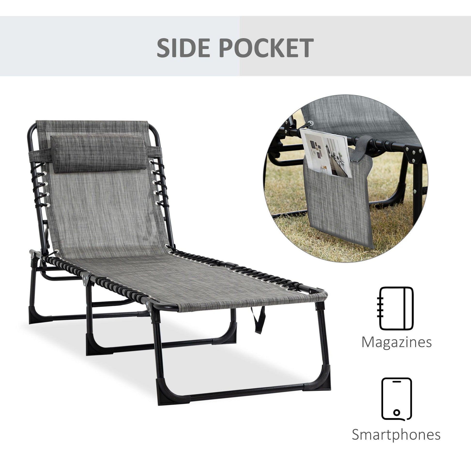 Outsunny Portable Sun Lounger, Camping Bed Cot, Reclining Chair with Pillow - Mixed Grey - ALL4U RETAILER LTD