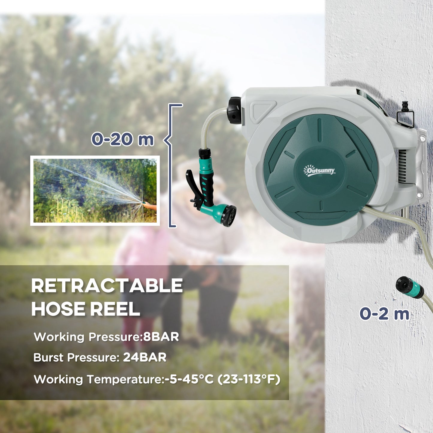 Outsunny Retractable Wall Mounted Hose Reel 20m Plus 2m With Auto Rewind 180 Degree Swivel 7 Way Nozzle