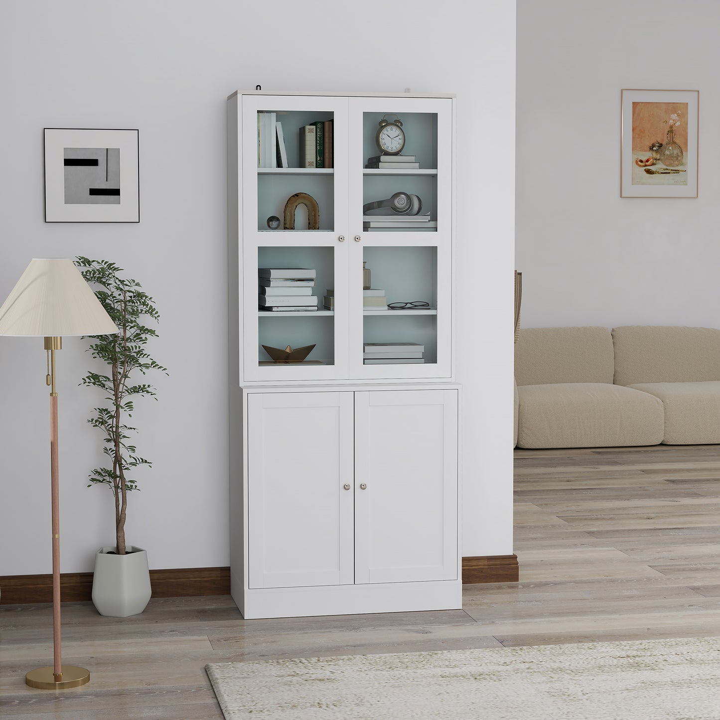 HOMCOM Double Storage Display Cabinet With Adjustable Shelves White MDF Glass Doors