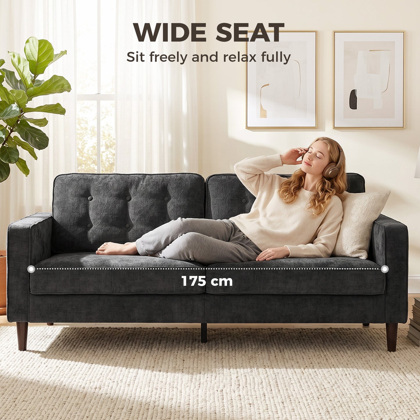 HOMCOM 3 Seater Sofa With Button Tufted Velvet Upholstery And Wood Legs For Living Room In Dark Grey