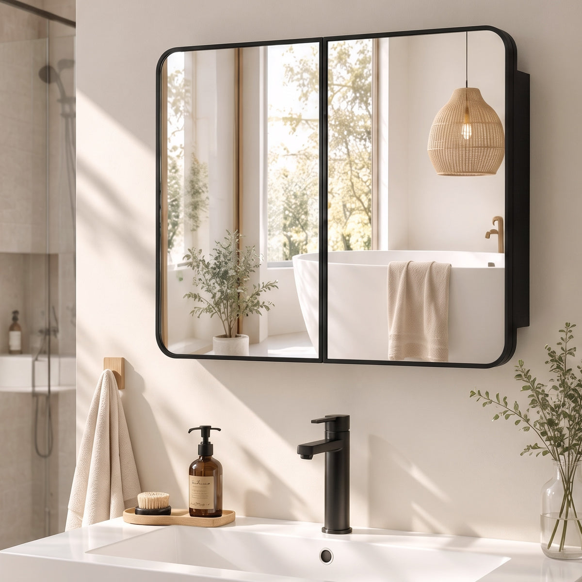 Black bathroom mirror cabinet above sink with two mirrored doors and border trim