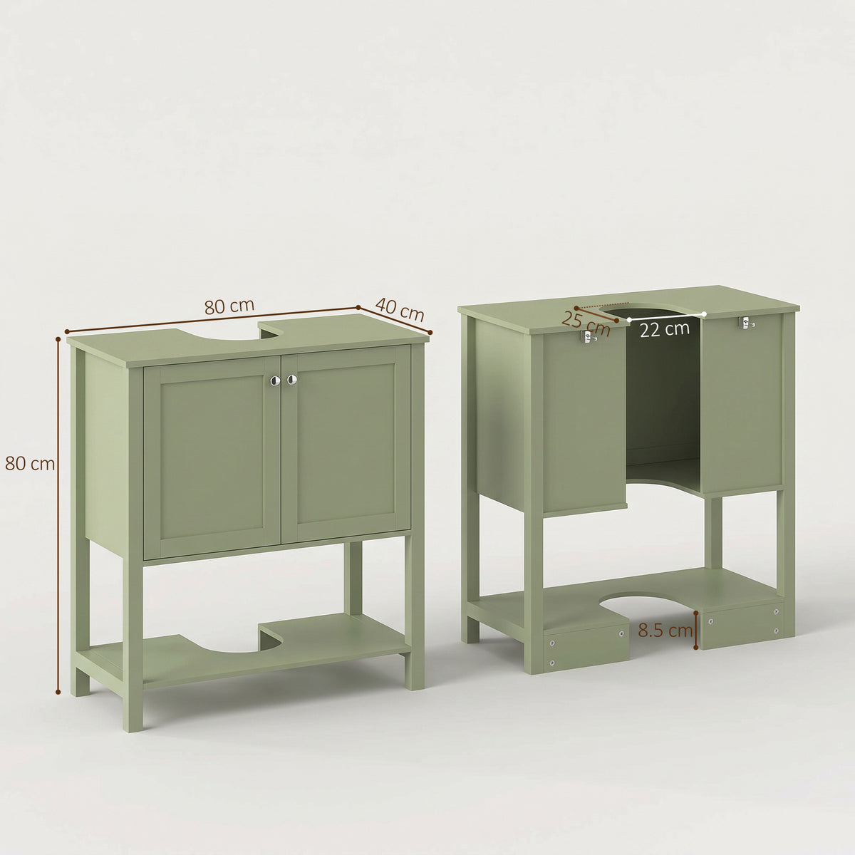 Green under-sink cabinet with two doors and open shelf, side-by-side size view.