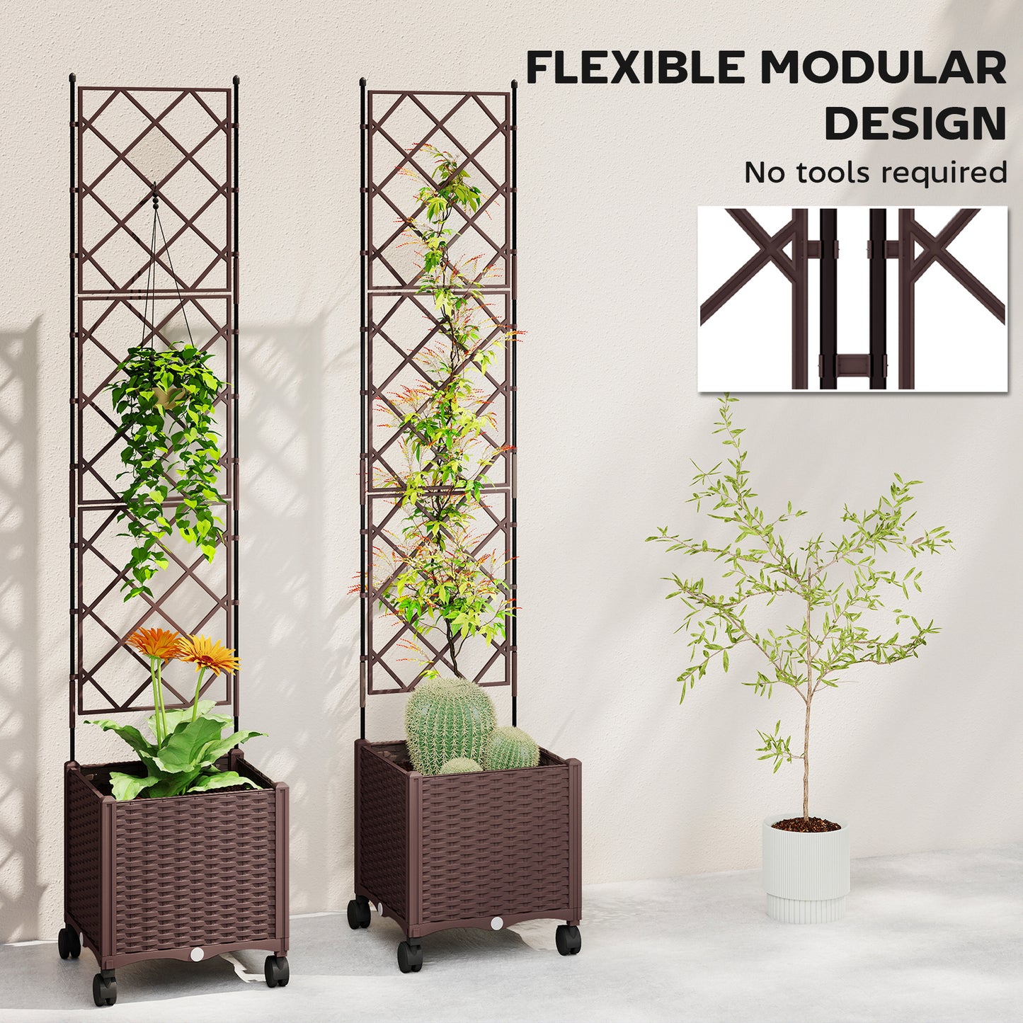 Outsunny Plastic Raised Planter With Trellis And Self Watering System On Wheels With Drainage Holes And Plugs