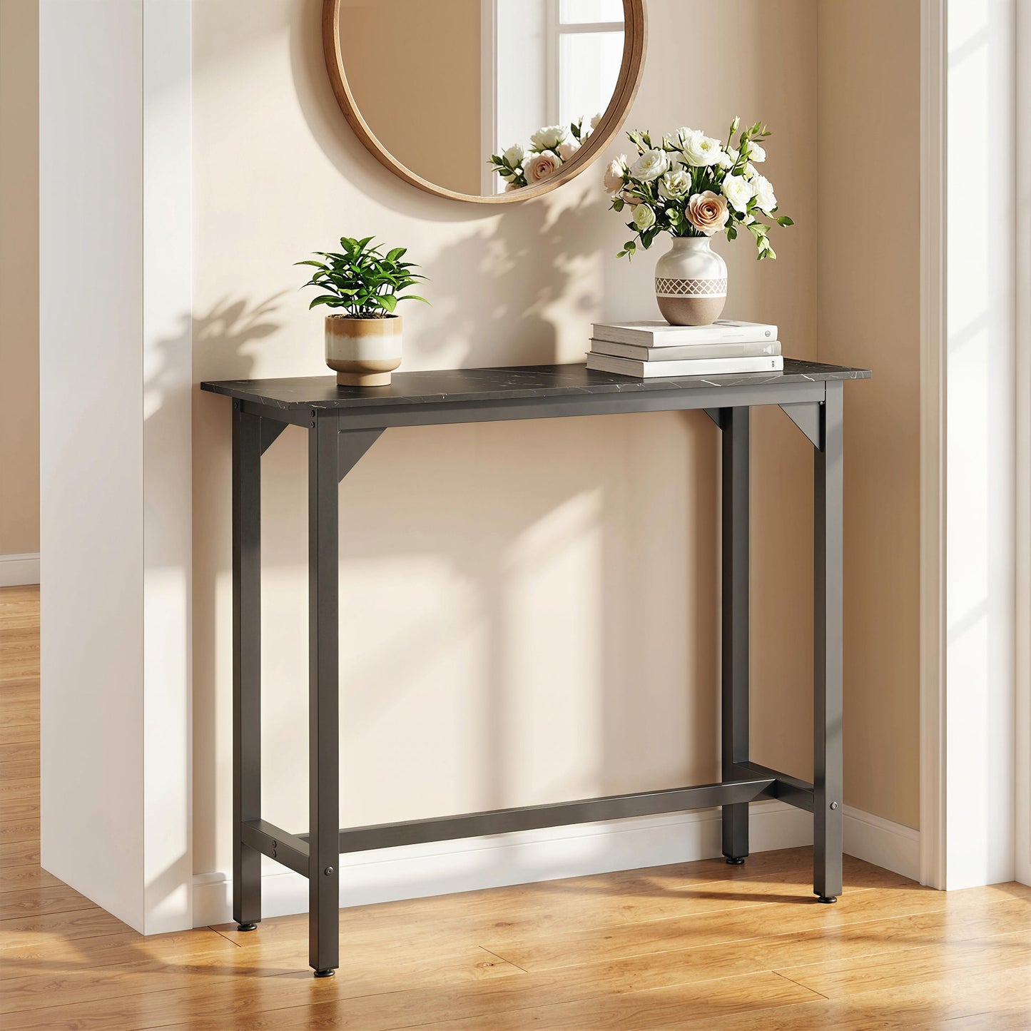 HOMCOM Rectangular Bar Table Marble Effect Pub Coffee Table For Small Spaces Breakfast Dining Black Marble