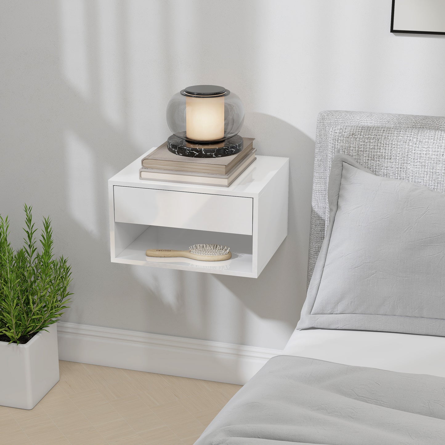 HOMCOM Set of Two Floating Bedside Tables Wall Mounted Nightstands with Drawer and Open Shelf High Gloss White