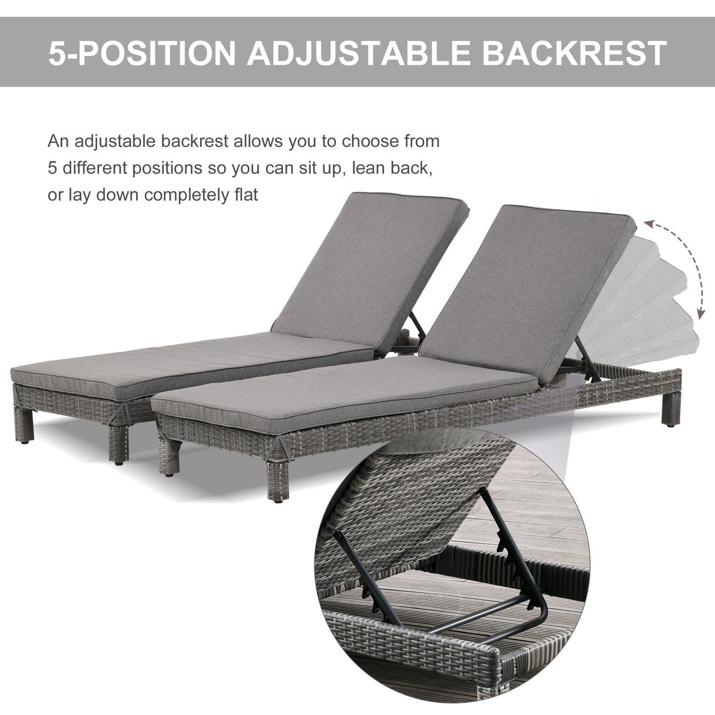 Outsunny Grey Adjustable 2-Seater Rattan Sun Lounger Set - Outdoor Wicker Recliner with Cushions for Garden and Patio Relaxation - ALL4U RETAILER LTD