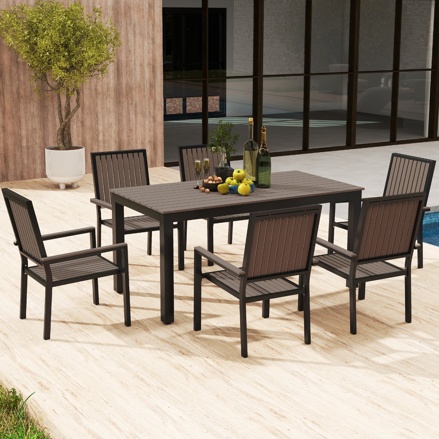Outsunny 6 Seater Outdoor Garden Dining Set With Stackable Chairs Aluminium Frame Rectangular Plastic Top Brown
