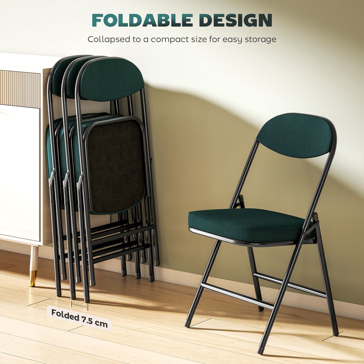 HOMCOM Set Of Four Folding Corduroy Seat Chairs Teal Durable Steel Frame For Indoor And Outdoor Use