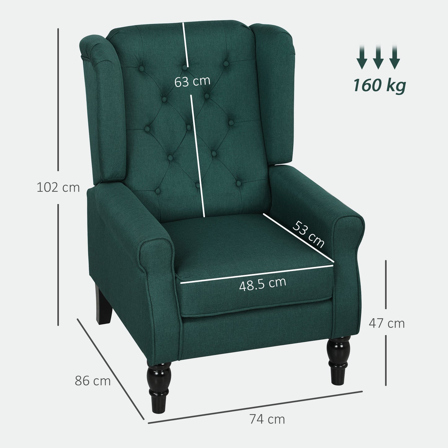 HOMCOM Wingback Accent Chair Retro Upholstered Button Tufted Occasional Chair For Living Room And Bedroom Dark Green
