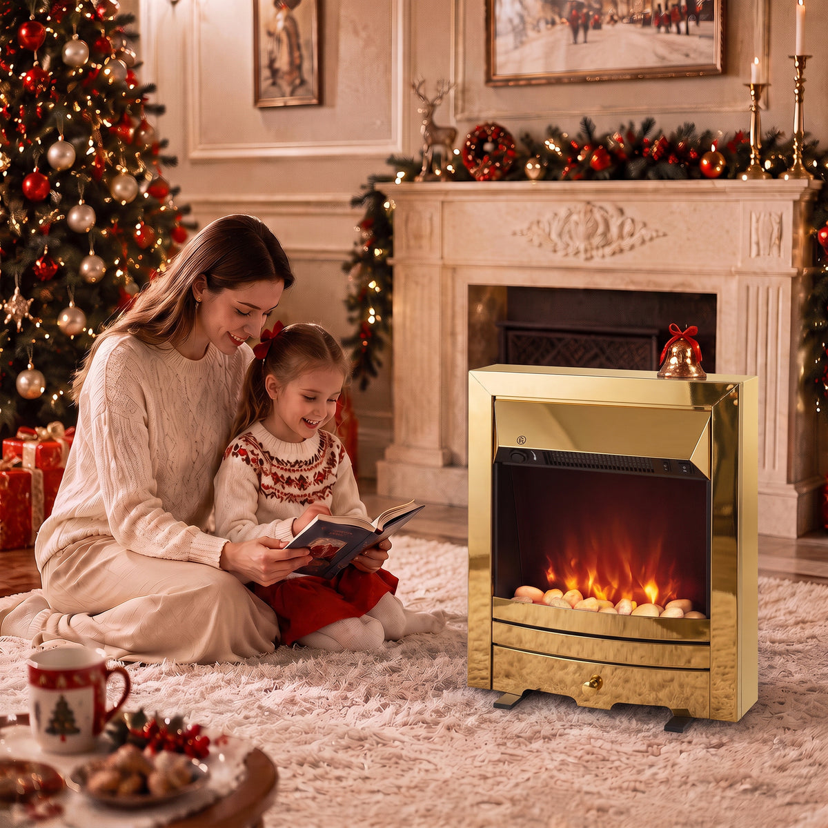 Electric fireplace stove with LED flame effect and brass frame, front view on floor
