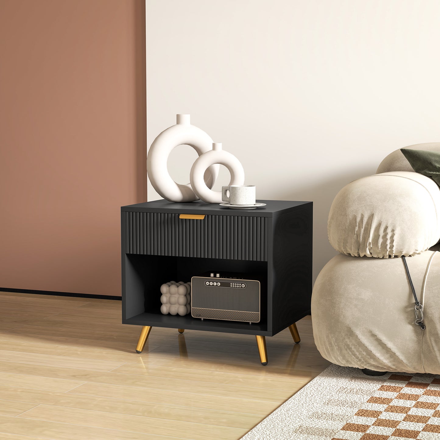 HOMCOM Elegant Bedside Table With Drawer And Shelf In Black And Gold Tone Nightstand