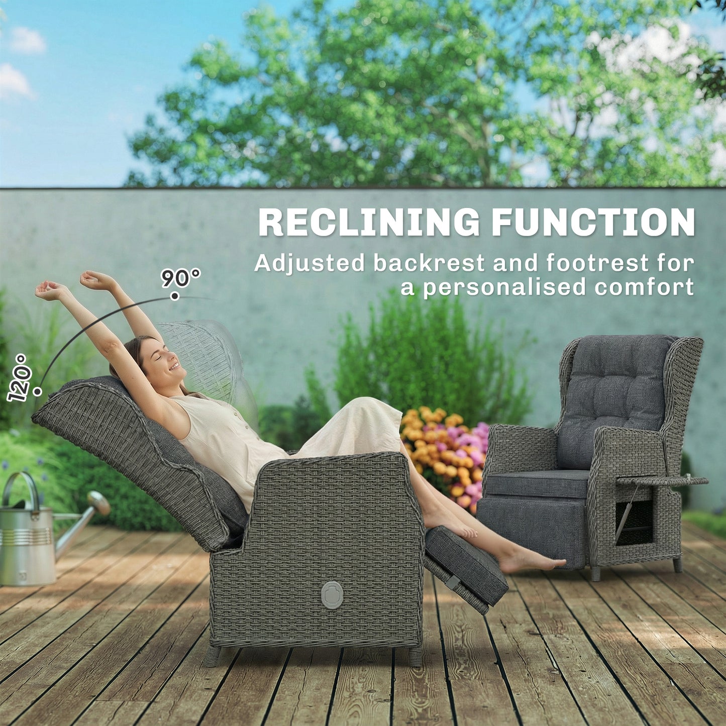 Outsunny Rattan Garden Recliner Chair With Adjustable Back And Footrest Flip Table Cushion Dark Grey