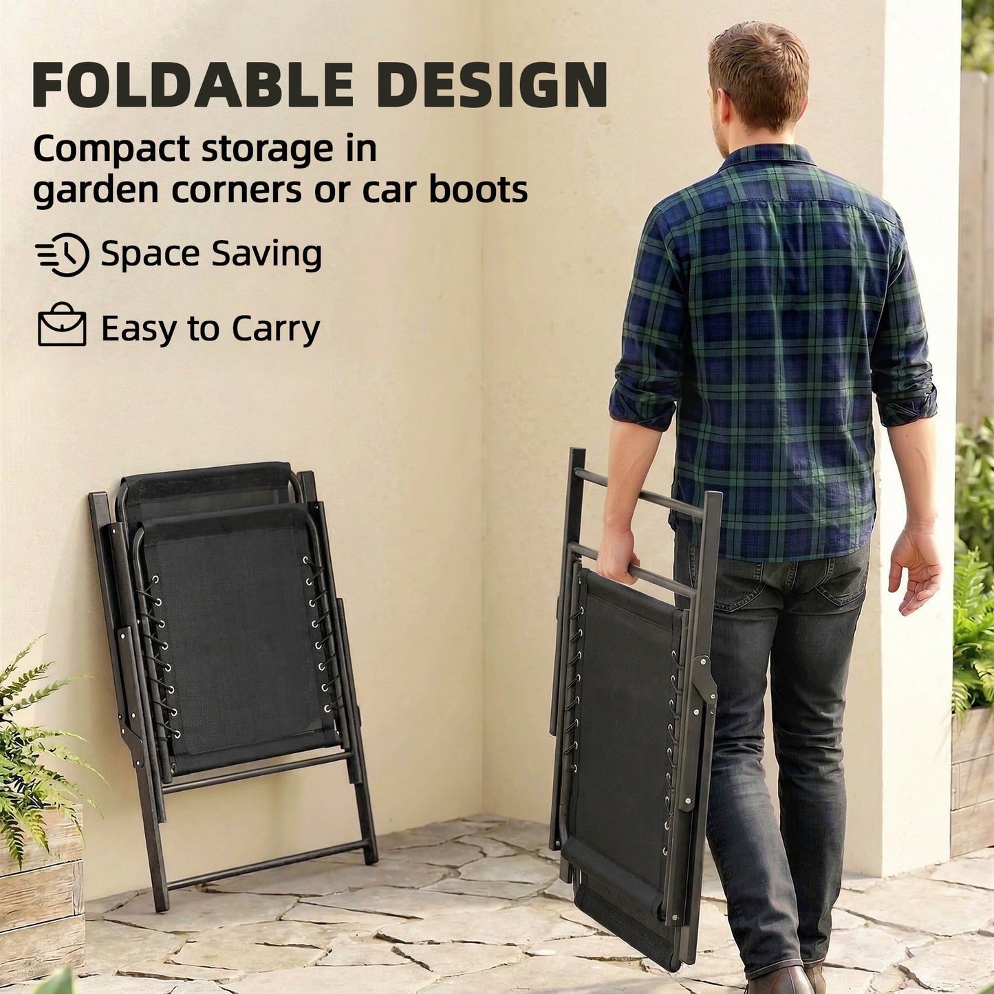 Outsunny Folding Garden Chairs Set of 4 Outdoor Dining Chairs with Wide Texteline Seat High Back and Armrests Black
