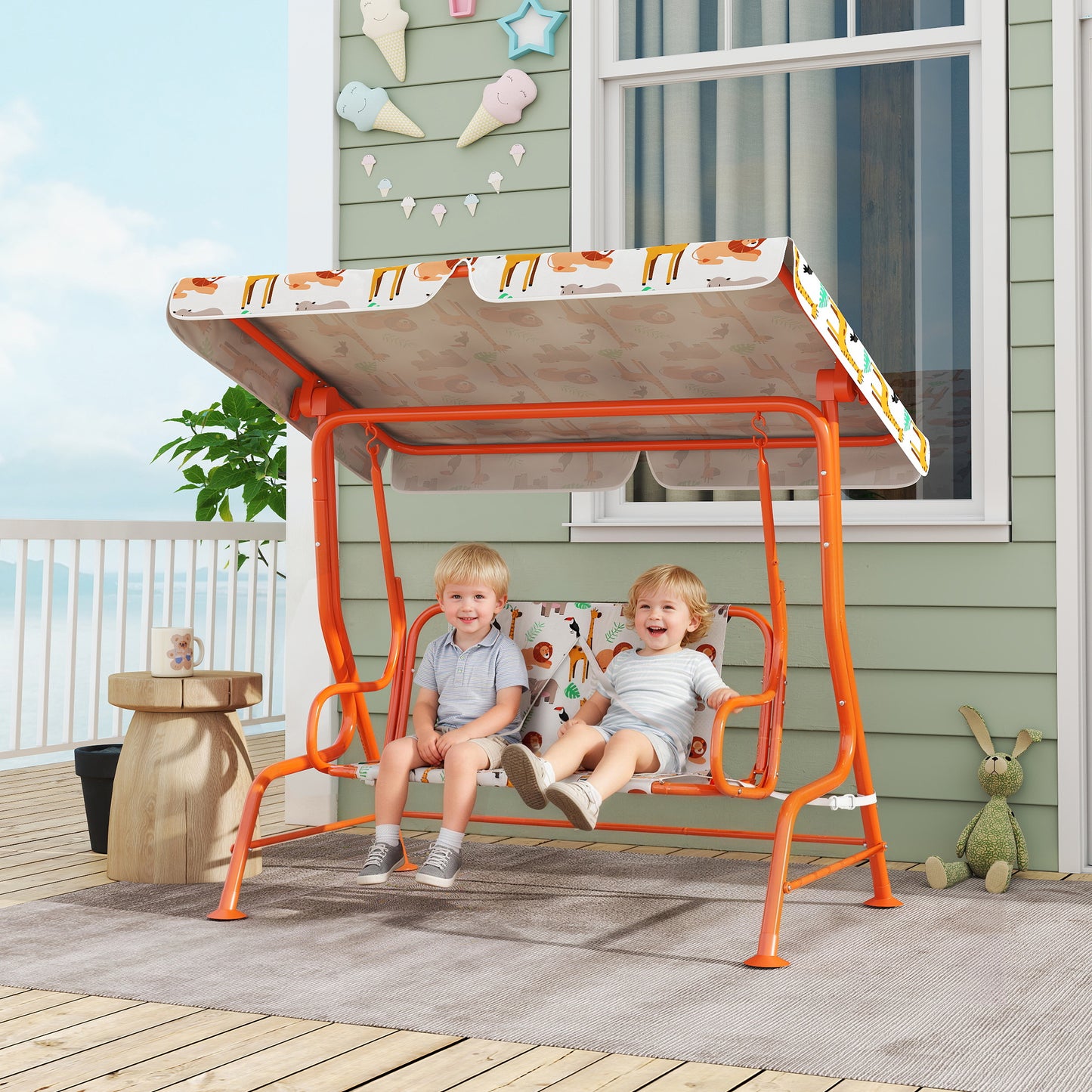 AIYAPLAY 2 Seater Kids Porch Swing With Adjustable Canopy And Seat Belts Outdoor Patio Bench Hammock Orange