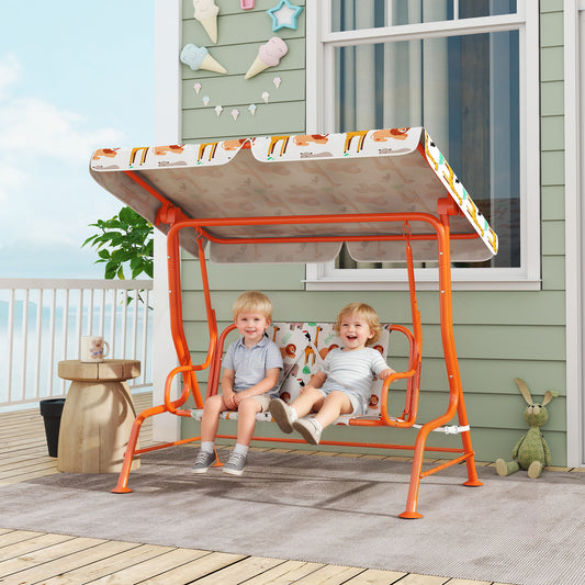AIYAPLAY 2 Seater Kids Porch Swing With Adjustable Canopy And Seat Belts Outdoor Patio Bench Hammock Orange