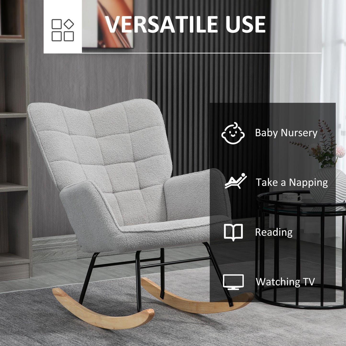 HOMCOM Berber Fleece Nursery Glider Rocker For Nursing And Living Room In Light Grey Wingback Chair