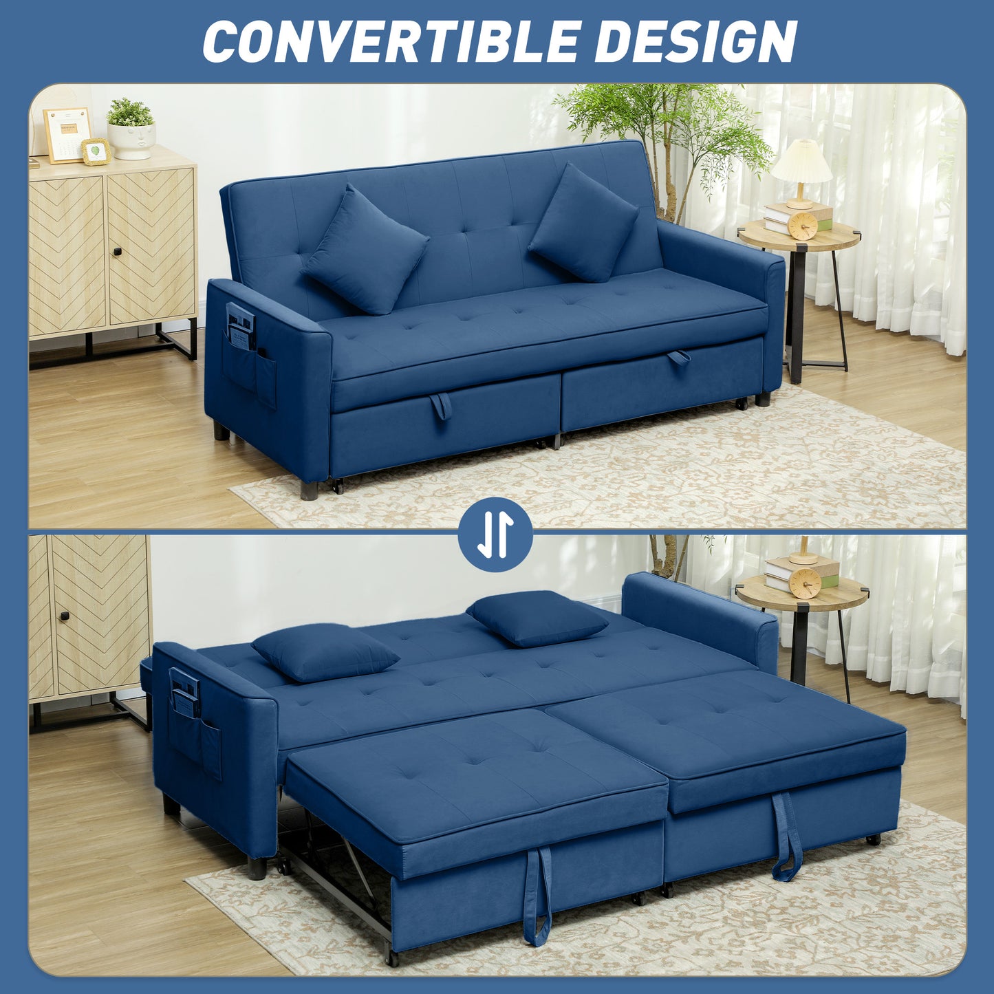 HOMCOM Velvet Feel Three Seater Sofa Bed With Click Clack Mechanism On Wheels In Blue