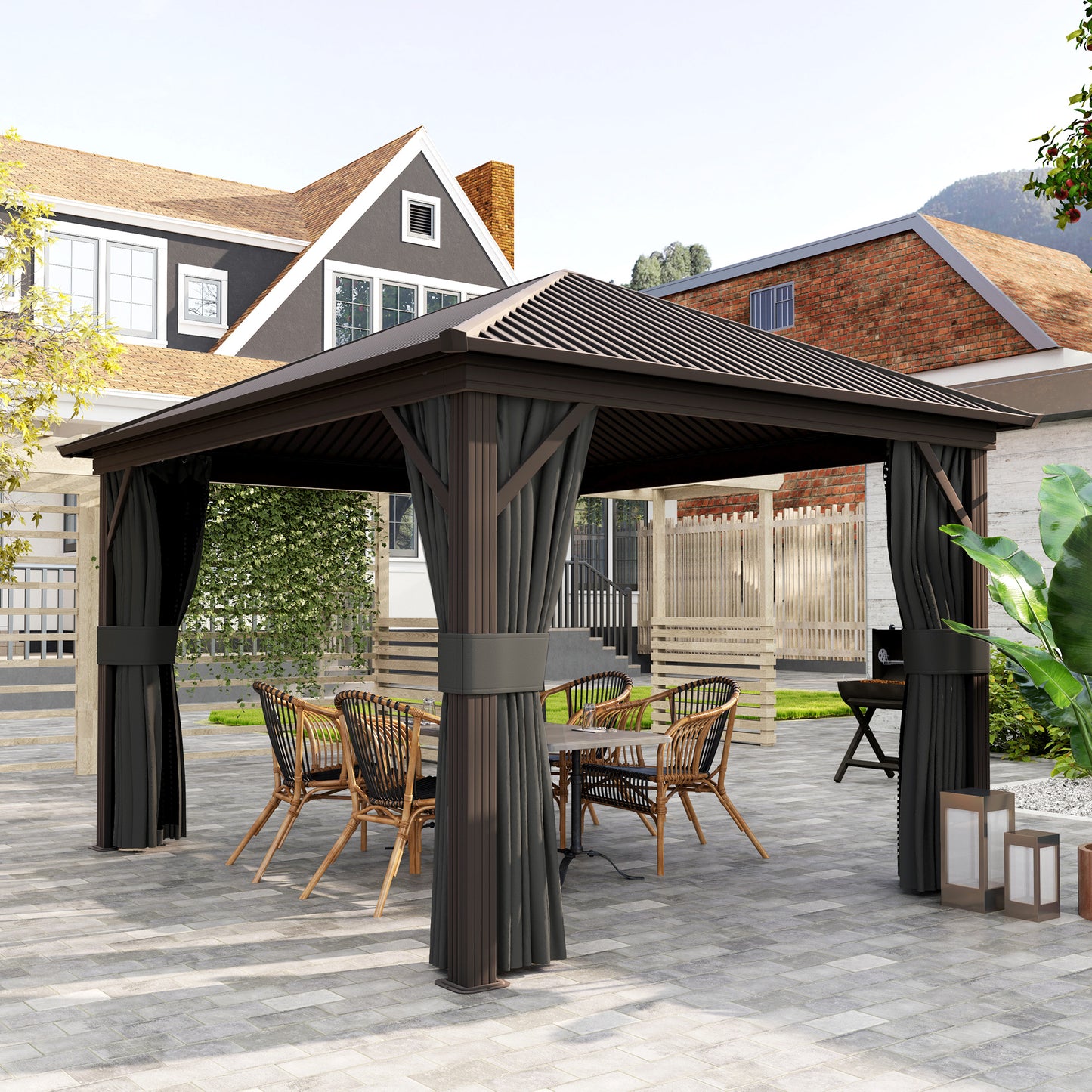 Outsunny 3.6 X 3 M Aluminium Hardtop Gazebo With Accessories In Dark Grey With Four Curtains And Inner Mesh Curtains