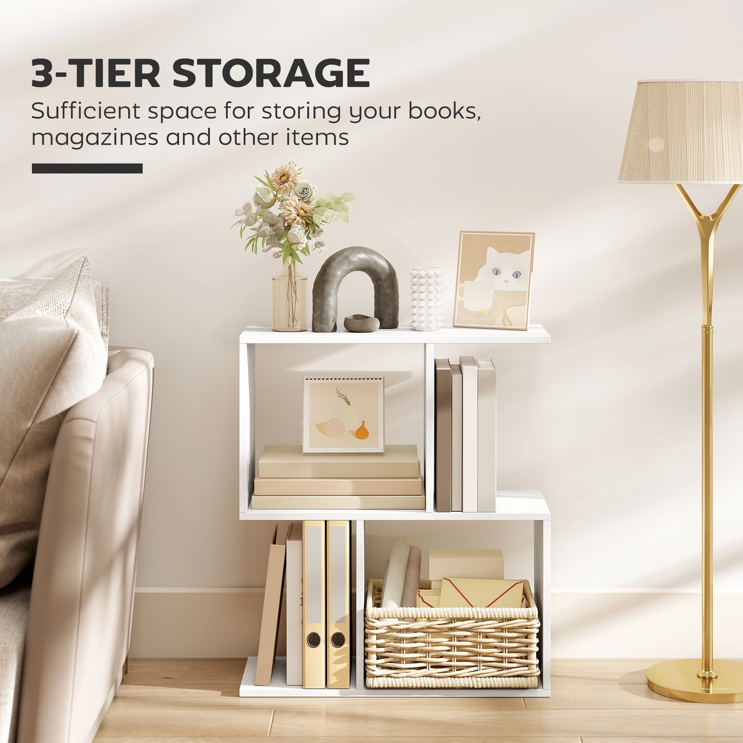 HOMCOM S Shaped Side Table With Storage Shelves Narrow End Table 3 Tier White 50W 19D 58H
