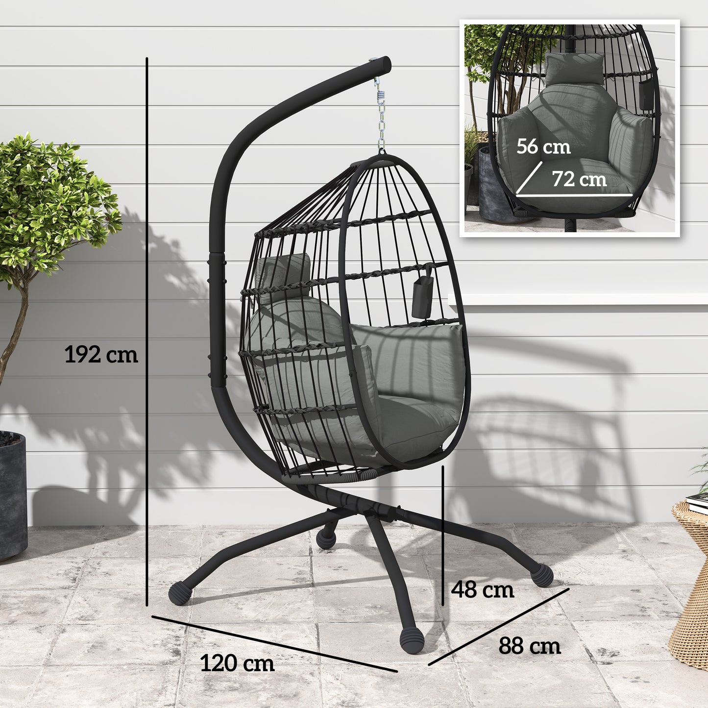 Outsunny Hanging Egg Chair With Stand For Patio Balcony Outdoor Garden Swing Thick Cushion Cup Holder Headrest Dark Grey
