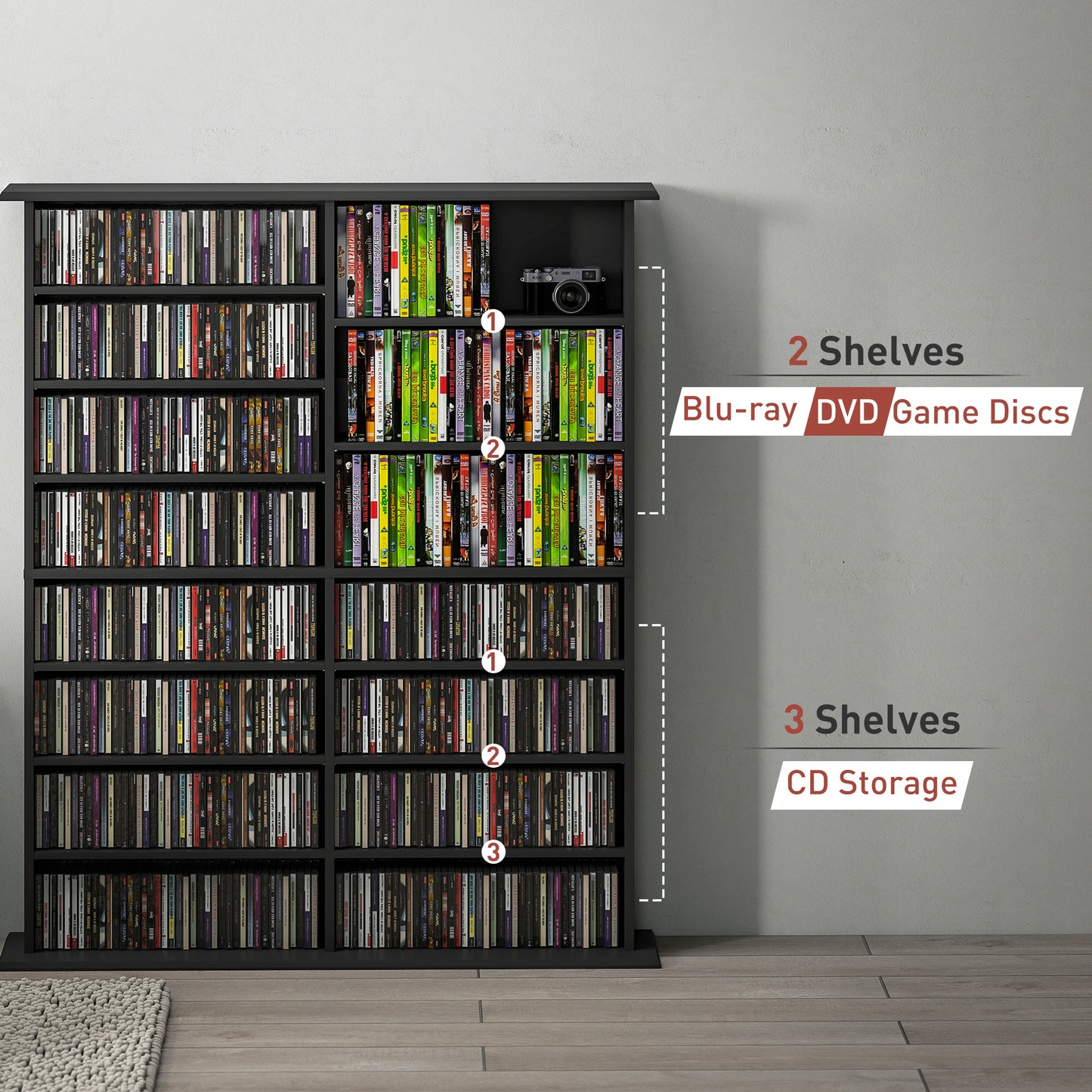 HOMCOM 16 Compartment Media Shelf Black With 12 Adjustable Shelves For CDs DVDs Blu Rays