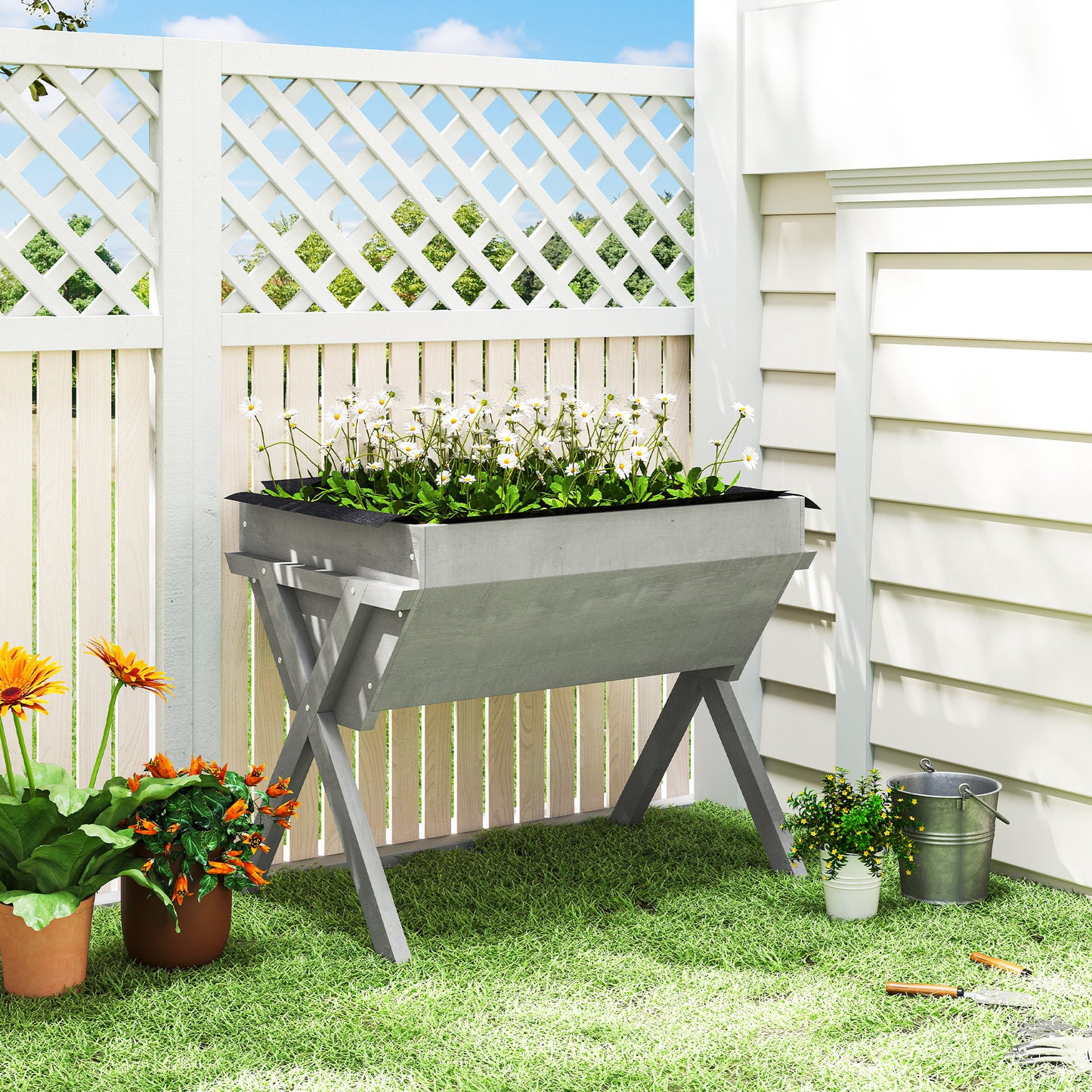 Outsunny Wooden Raised Garden Bed With Liner Bag And Legs Light Grey 29 X 91 Cm