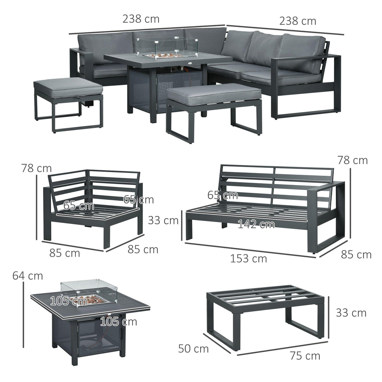 Outsunny 6-Piece Garden Furniture Set with Firepit Table Outdoor Sofa Aluminium - ALL4U RETAILER LTD